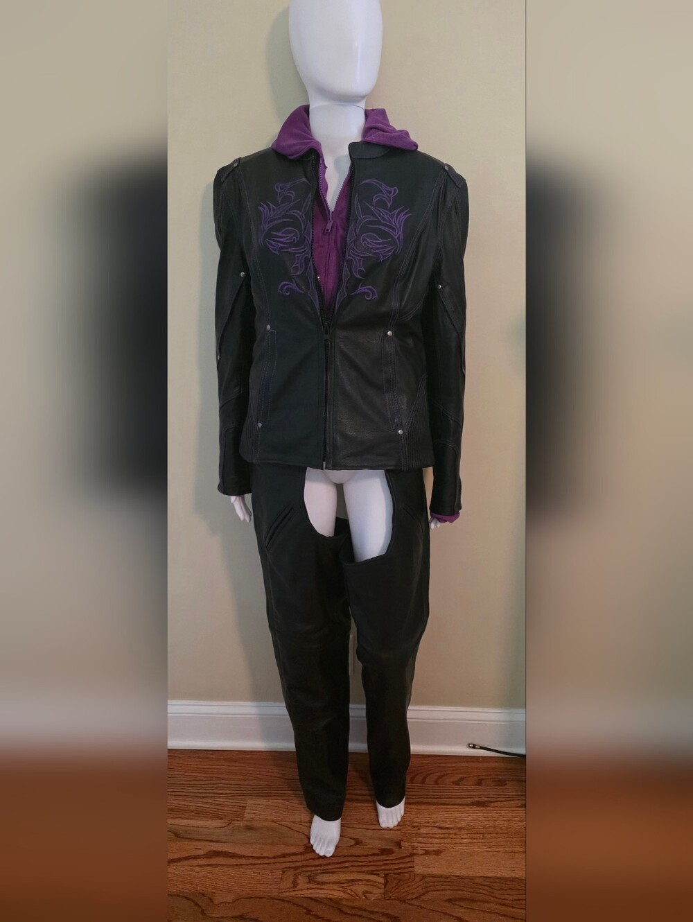 Milwaukee Black Leather Women's Jacket with Purple Embroidered Detail And Chaps.